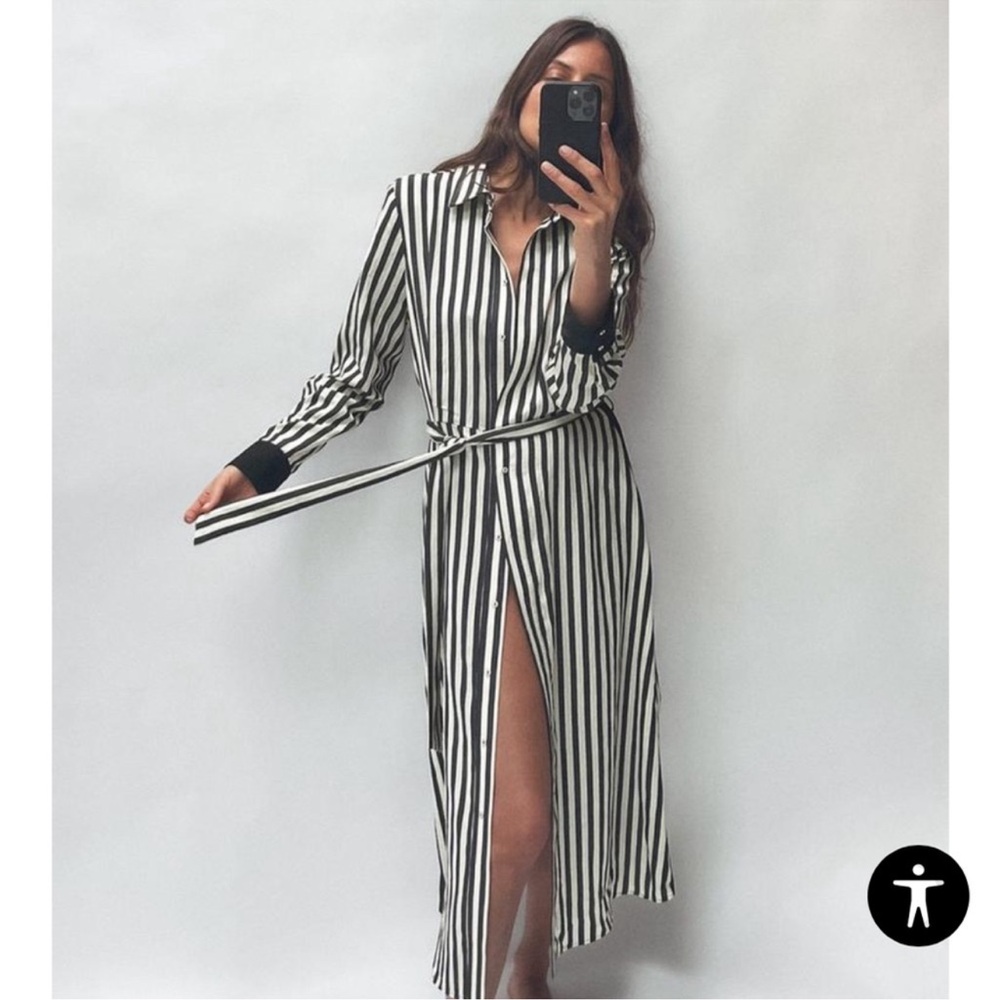 Zara ZW Collection Navy and White Striped Long Sleeve Midi Shirt Dress XS